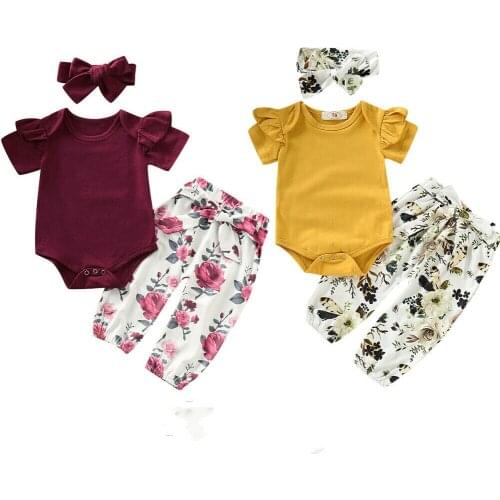 Pudcoco Toddler Girl Floral Romper Jumpsuit Headband Outfit Newborn Infant Toddler Girls Summer Clothing Set 2PCS 0-24M