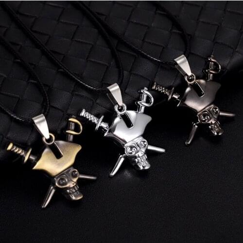 Retro Metal Skull Necklace Cool Pirate Captain Signs Men Pendant Accessories Rope Chain Party Gift