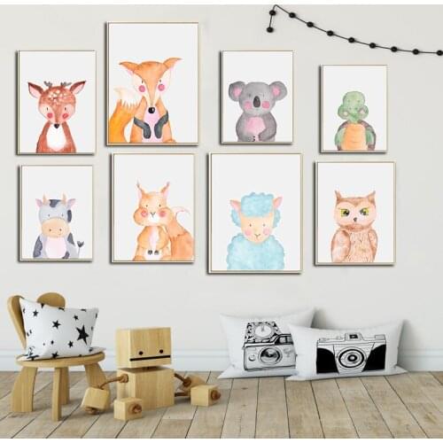 Nordic Horse Cow Canvas Painting Tortoise Sheep Deer Owl Wall Poster Cartoon Spray Color Picture Print Decoration for Kids Room