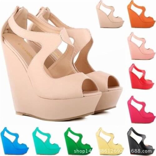 2020 fashion women sandals leather Wedges high heel sandals Peep Toe Flock 14CM Slip On waterproof women shoes size 35-42 white