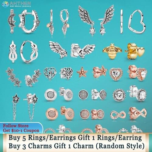 Ahthen 925 Sterling Silver Heart Family Tree Angel Wing Daisy Flower Heart Moon Stars Earrings 925 Silver Women Stud Earrings