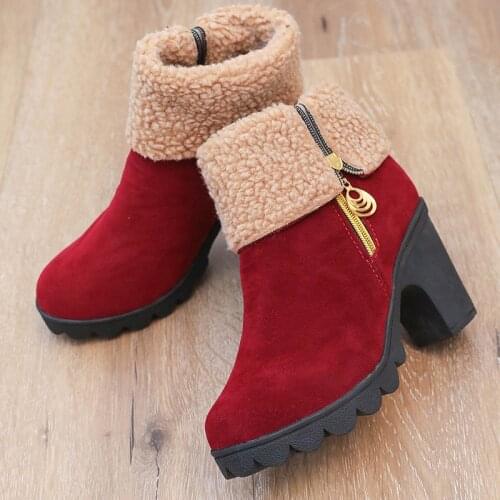 2021 Women Winter Snow Warm Boots 8.5cm High Heels Sheep Fur Felt Platform Boots Block Low Heels Plush Ankle Booties Chunky Shoe