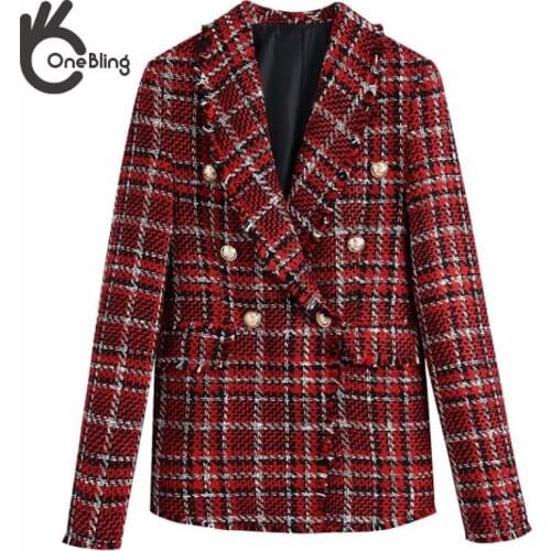 OneBling Women 2021 Double Breasted Tweed Check Blazers Coat Vintage Female Outerwear High Waist Skirt 2-piece Set Urban Outfits