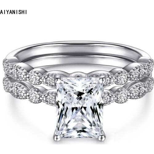 AIYANISHI Luxury Real 925 Sterling Silver Rectangle Cut Wedding Ring Set For Women Engagement Band Ring Sets Jewelry Party Gifts