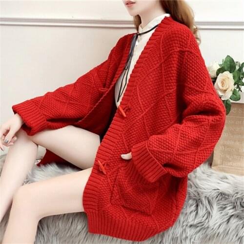 2021 New Style Autumn and Spring Cardigan Sweater Female Europe V-Neck Single-Breasted Long-Sleeve Knitwear Coat With Pockets