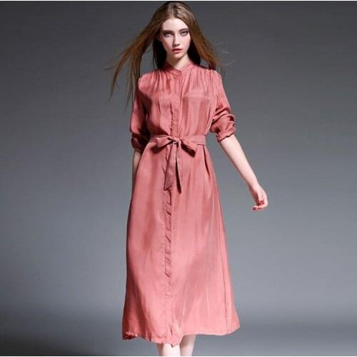 2016 Summer Vintage Silk Maxi Long Sleeve Loose Female Women Dress Single Breasted Retro Slim Plus Size Vestido Feminino Sexy M
