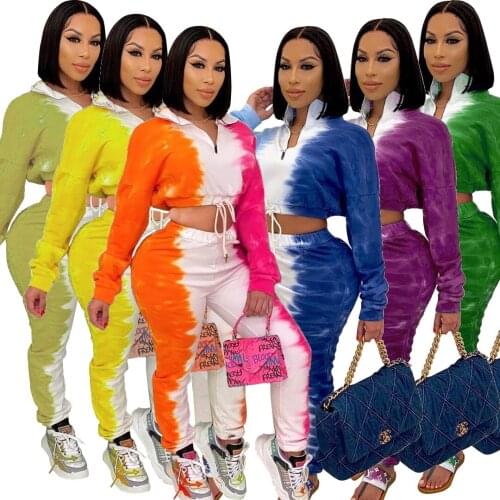 Adogirl Casual Colorful Tie Dye Two Piece Sets Autumn Womens Stand Neck Long Sleeve Crop Tos +Joggers Pants Tracksuit S-3XL