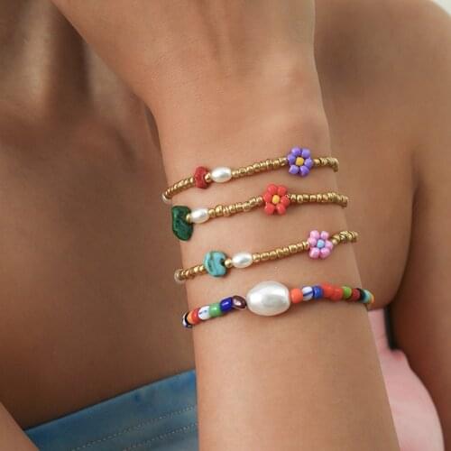 DIEZI Bohemian Holiday Baroque Pearl Beads Strand Bracelet Women Multicolor Fashion Acryic Beads Flower Bracelet Sets Jewelry