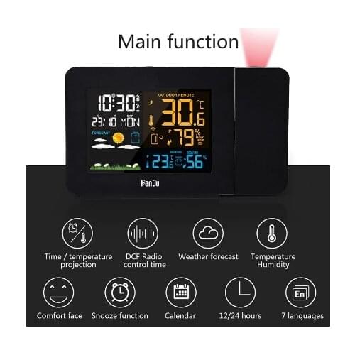 LCD Digital Color Screen Weather Station Wake Up FM Radio Time Projector Projection Clocks Weather Forecasting Alarm Clocks