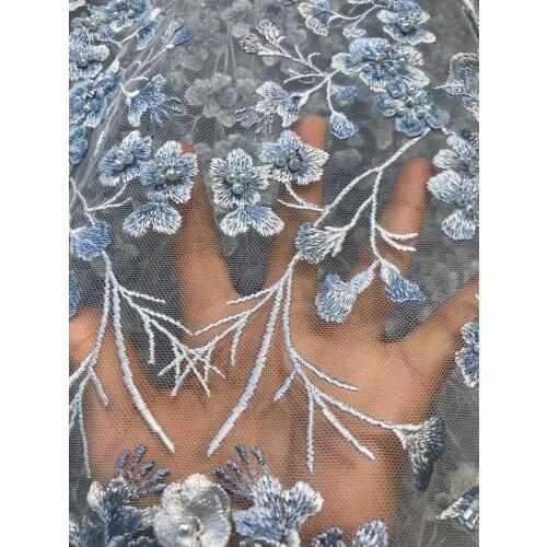 Exquisite and high-quality light blue 3D flowers with beaded tulle embroidery, suitable for ladies' fashion skirts