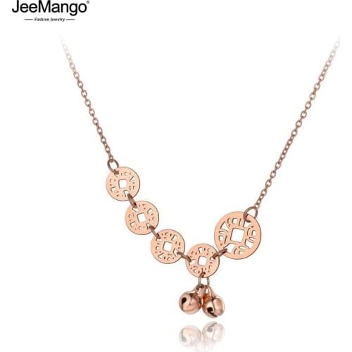 JeeMango Stainless Steel Chinese National Style Ancient Coins & Bells Pendant Necklaces For Women Ethnic Choker Necklace JN19210