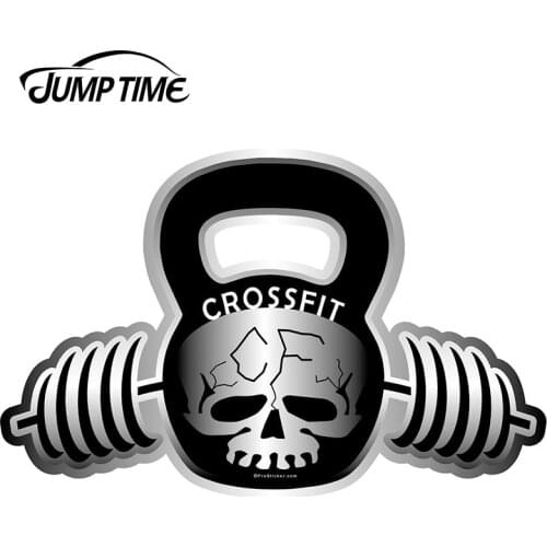 JumpTime 13cm x 8.3cm Crossfit Barbell Kettelbell Skull JDM Vinyl Car Sticker Fuel Tank Cap Window Wiper Decal