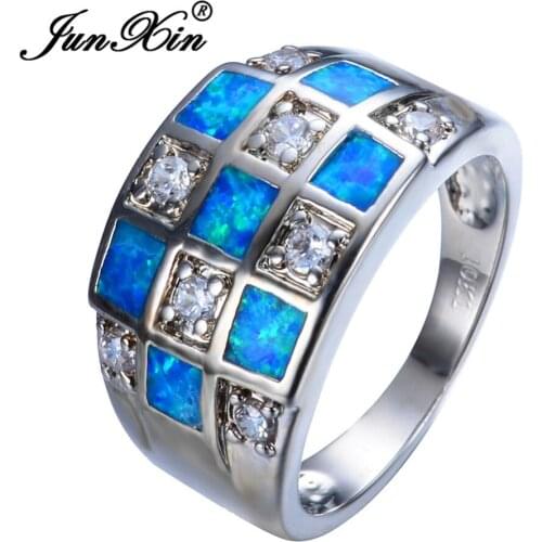 JUNXIN Gorgeous Women Blue Fire Opal Ring Fashion White Gold Filled Jewelry Vintage Wedding Rings For Women Best Gifts