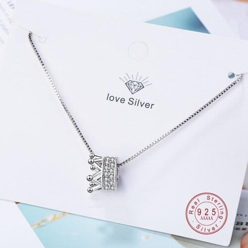 Unique Fine Jewelry Genuine Silver color Princess Crown Clear CZ Pendant Necklaces For Women Chain kolye collares bijoux