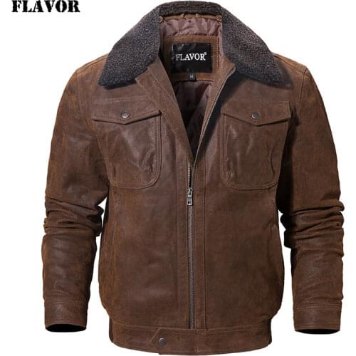 FLAVOR Mens Real Leather Jacket Genuine Leather jacket with faux fur collar male Motorcycle warm coat Genuine Leather Jacket