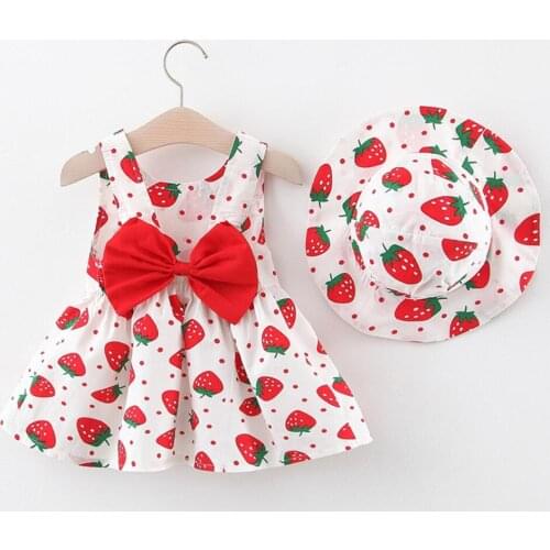 Summer Newborn Baby Girls Clothes Sleeveless Strap Strawberry Print Princess Dresses Cute Bow Hat Outfit bebe Clothing Set
