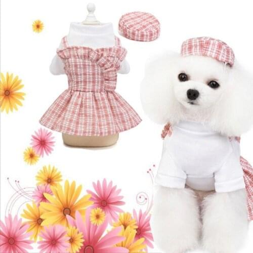Summer Dog Dress Cap Set Pet Clothes Thin Cute Pet Plaid Dress with Hat Small Medium Dogs Pet Teddy Chihuahua Skirt Pet Clothing
