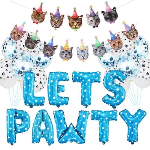 A set of LETS PAWTY color letter aluminum foil balloon cat and dog paw print banner birthday wedding party decoration supplies