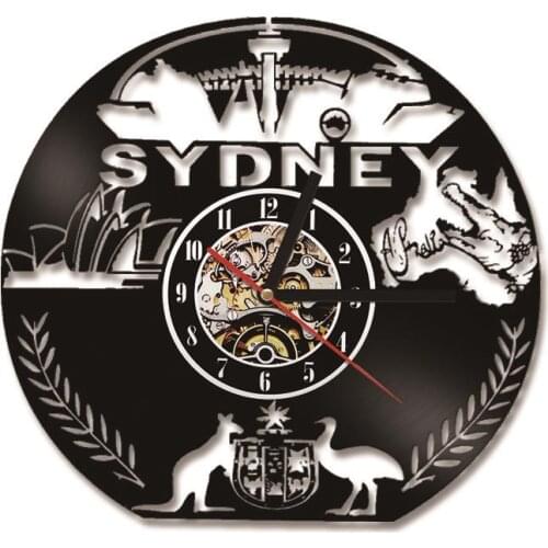 Australian Clocks Sydney Vinyl Record Wall Clock Sydney Skyline Art Hanging Watch Silent LED Lighting Night Lamp Tourist Gift