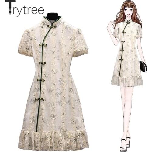 Trytree Summer Women Casual Dress Floral Lace Chinese Button Mandarin Collar Puff Sleeve Pleated Hem Vintage Cheongsam Dress