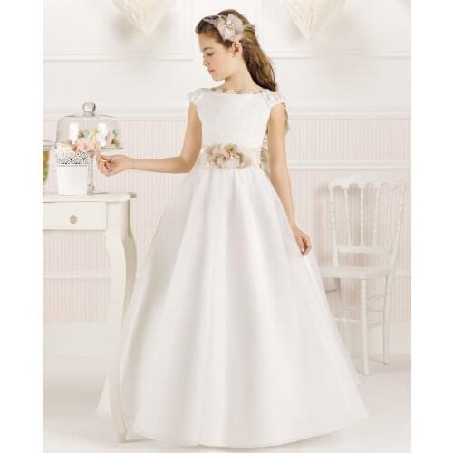 Cap Sleeves Flower Girl Dresses For Weddings A-line Tulle Appliques Lace Beaded Long First Communion Dresses For Little Girls