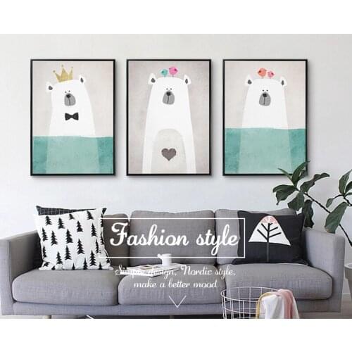 Modern Nordic Bear Hippo Bird Animal Art Prints Poster Cartoon Wall Pictures Canvas Painting No Framed Kids Room Decor