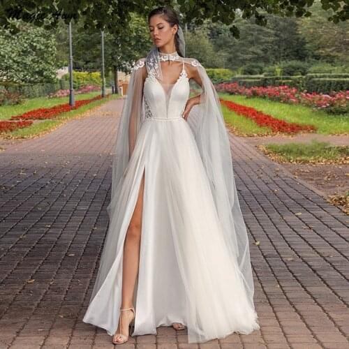 Magic Awn 2021 Boho Wedding Dresses Lace Appliques Illusion Corset Back Side Split Princess Country Bridal Gowns With Wrap Robes