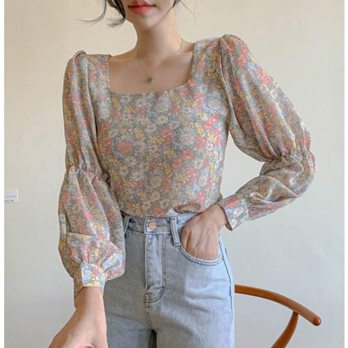 Womens Floral Shirt Korean Style Square Collar Sexy Sweet Long Sleeves Chiffon Blouse Tops