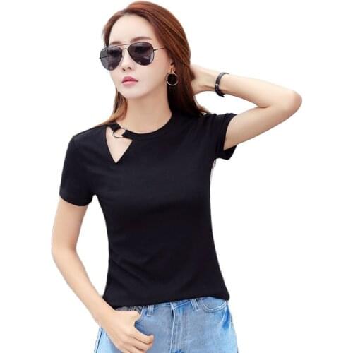 2021 Summer fashion slim hollow ring round neck womens T-shirt solid color short sleeve casual top Korean clothing
