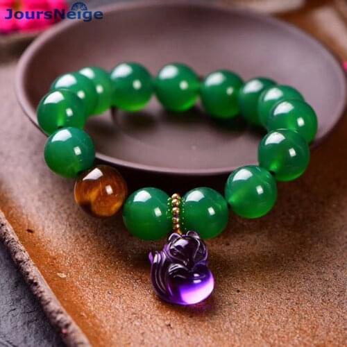 JoursNeige Green Natural Crystal Bracelets Round Bead Size 14mm Purple Crystal Fox Pendant for Women Crystal Single lap Jewelry