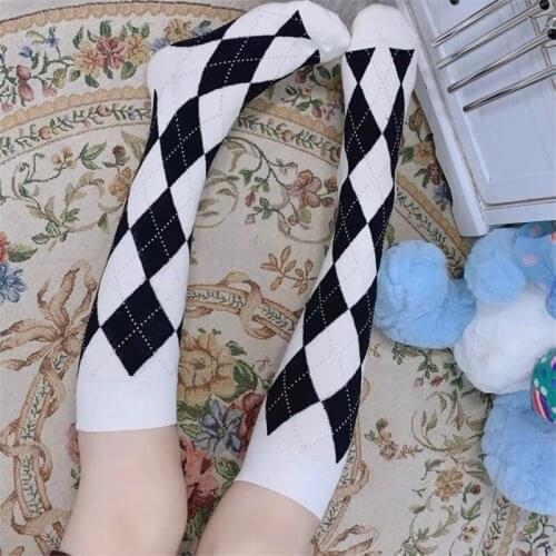 Women Cotton Knee High Socks Japanese Style Autumn Winter Rhombus Pattern Casual Calf Sock Female Party Dancing Sexy Long Socks