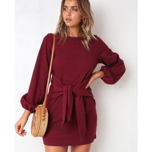 Autumn Dress Female Lace up Wrap Tunic Batwing Long Sleeve Lace Up Midi Sexy Women Dresses Casual Clothes 18369dcd