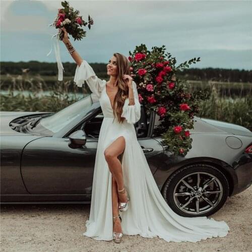 Beach Wedding Dresses Boho Long Sleeve Bridal Gowns with Slit Deep V-Neck Backless Bohemian Bride Dress Vestidos De Novia