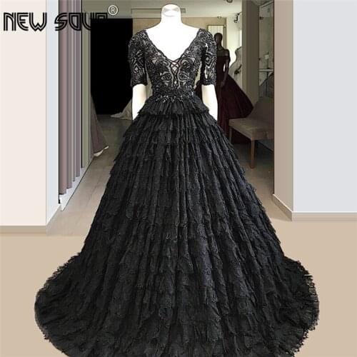 Saudi Arabic Puffy Black Evening Dress Dubai Full Sleeve Prom Dresses Middle East Beaded Party Gown Robe De Soiree 2020 Wedding