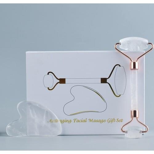 2 in 1Natural Rock Quartz Jade Roller And Guasha With Gift Box Set Crystal Face Body Scratching Guasha Massager Health Care Tool