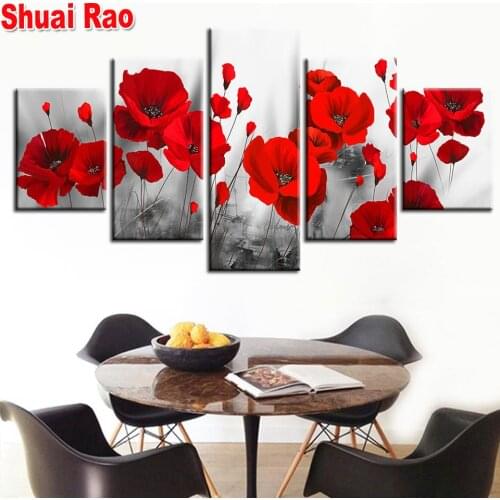 5 Pieces Romantic Poppies Diamond painting Red Flowers Poster Modular Home Decor full round Diamond Embroidery rhinestone art
