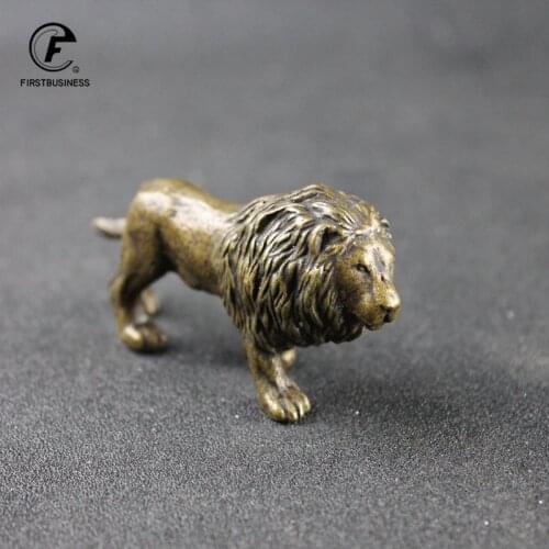 Antique Bronze Male Lion King Statue Small Ornaments Solid Copper Mountain Lions Miniature Figures Brass Sculpture Crafts Decor