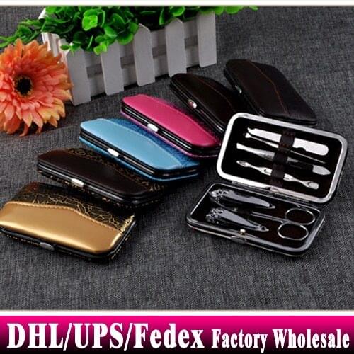 Free DHL Fedex 200sets 7 pcs Portable Stainless steel Nail Art Manicure Set with Pu Box + Travel Mini Nail Cutter