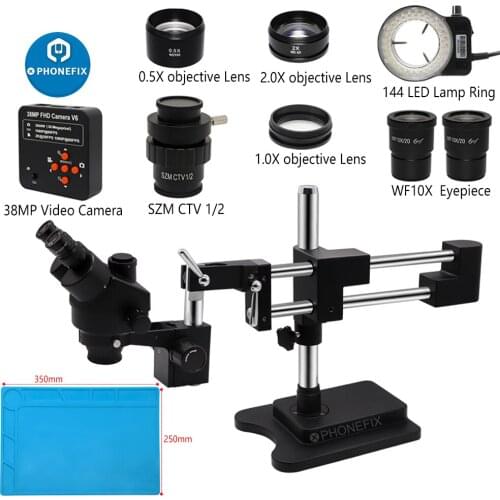 Black 3.5X-90X Double Boom Zoom Simul Focal Trinocular Stereo Microscope 38MP HDMI Microscope Camera Phone PCB Soldering Tools