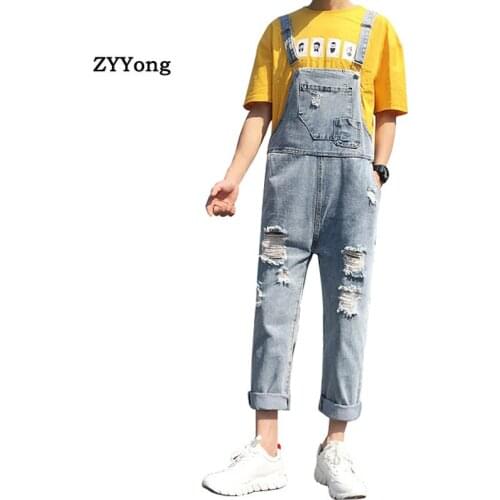 2020 Ripped Man Jeans Bib Youth Overalls Ankle Length Straight Hip Hop Hole Denim Jumpsuits Trousers Leisure Freight Cargo Pants