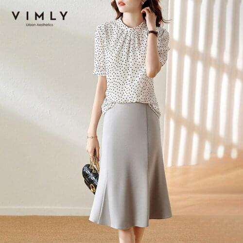 VIMLY Elegant Women Skirt Set Summer Fashion Dot Blouse High Waist Long Skirts Office Two Piece Set Womens Clothing Set F7905