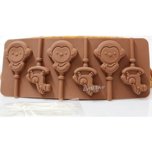6 cavities 24*9.5cm cute monkey and cockhorse shape chocolate mold lollipop popsicle ice cream mould with plastic sticks