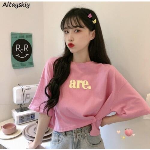 T-Shirts Women Fashion Loose Summer Sexy Female Tops Simple All-match Letter O-Neck Korean Style College Cozy Ins Chic Vintage