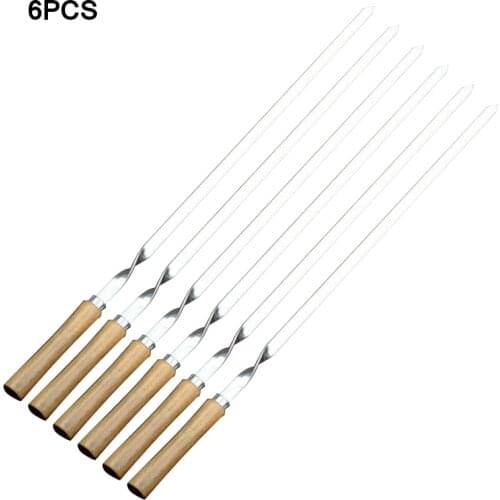Hot Sale BBQ Skewer Stainless Steel Shish Kebab BBQ Fork Set Long Flat Wood Handle Barbecue Needle Meat Grill Outdoor Tools 6pcs