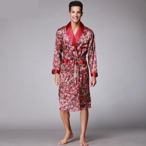 Men Kimono Robes V-neck Faux Silk bathrobes Nightgown For Male Senior Satin Sleepwear Summer Paisley Pattern Pajamas Set