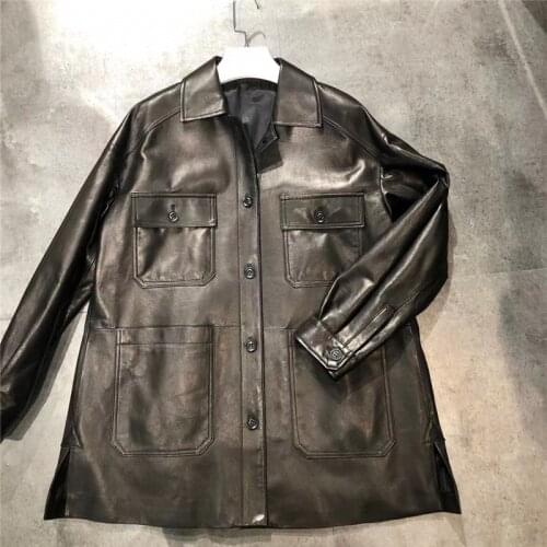 Punk Style Women Autumn Genuine Leather Jacket Turn-down Collar Streetwear Cool Sheepskin Jackets Ladies