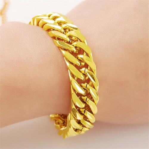 Hot 24K Gold Jewelry Charm 10MM Gold Cuban Curb Link Chain Mens Boys Bracelet Gift