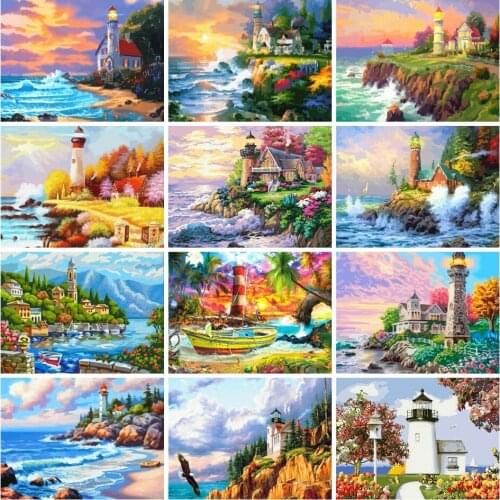 AZQSD Painting By Numbers Lighthouse Pictures Oil Painting By Numbers Landscape Painting Kits DIY Unframed Decoration Gift