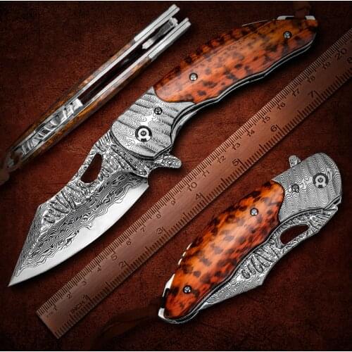 NEWOOTZ Pocket Folding Knife VG10 Japanese Damascus Steel Blade Snakewood Handle with Leather Sheath for Self Defense