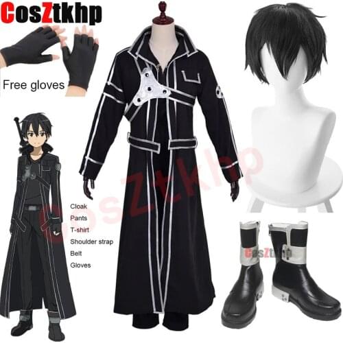 2021 New Anime Kirigaya Kazuto Cosplay Costumes Sword Art Online Kirito Shoes Alicization Wigs Boots Uniform Set Adult Unisex